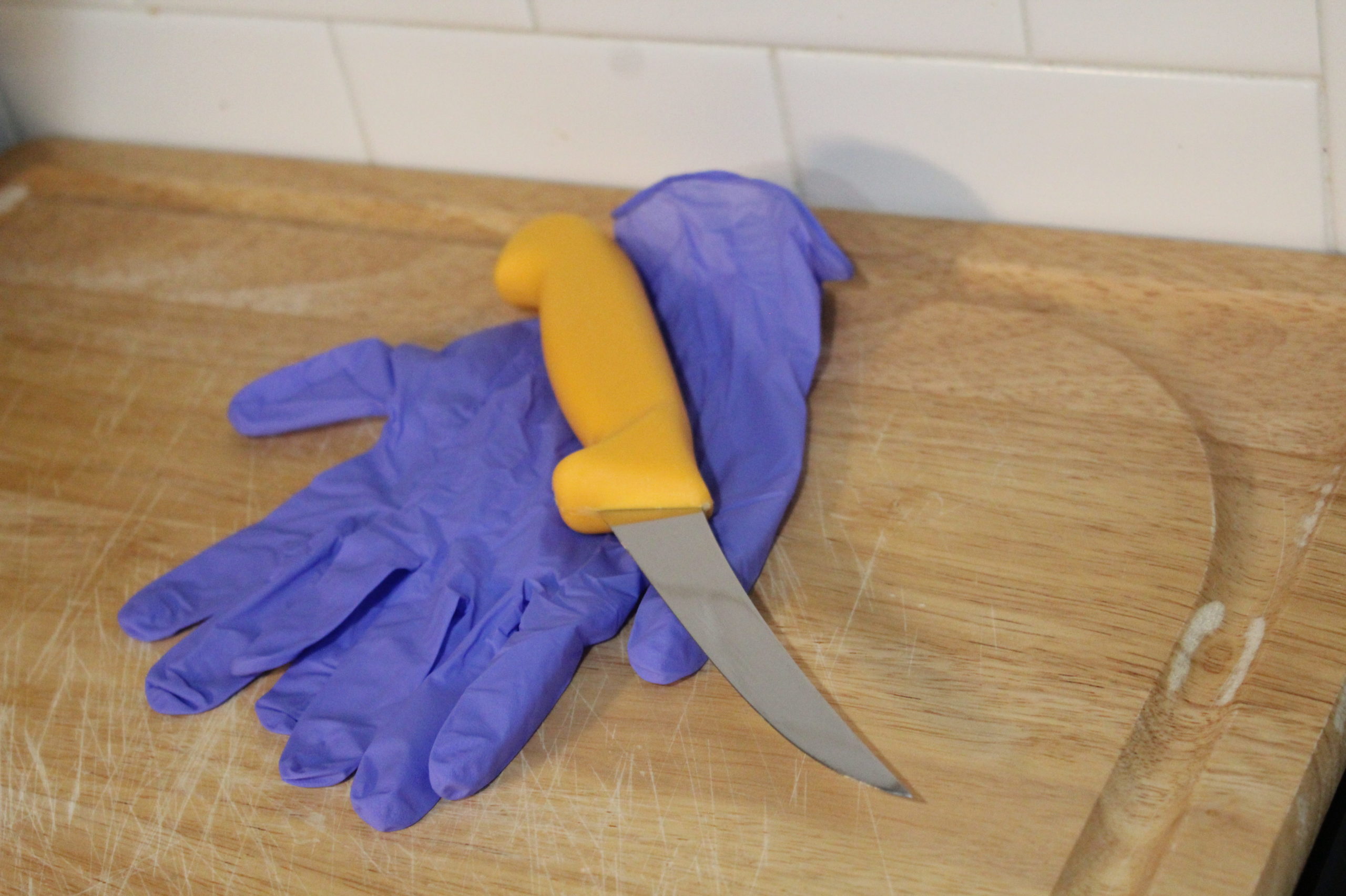 Knife on cutting board with latex gloves
